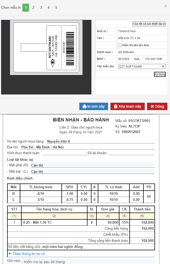Hóa đơn và tem giá kính mắt